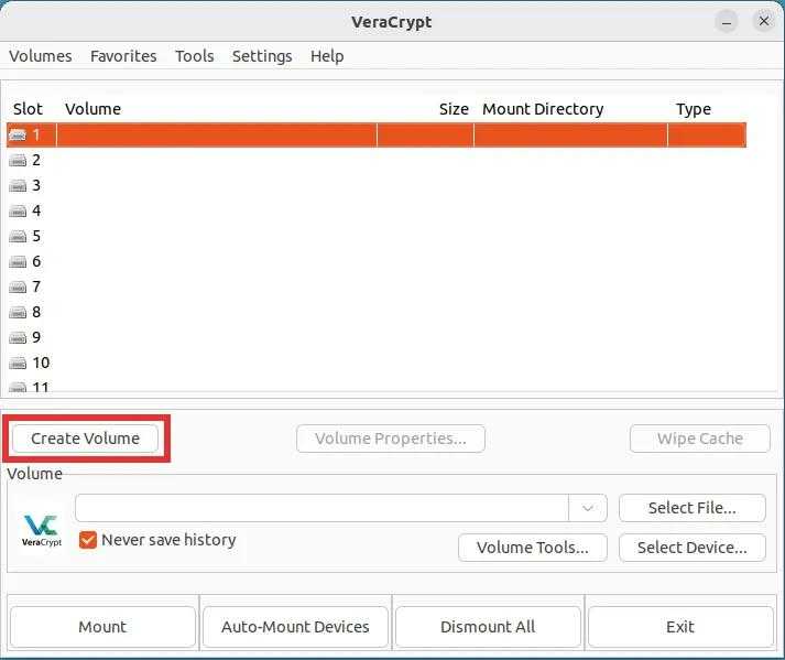 veracrypt creating encrypted volume Step 1