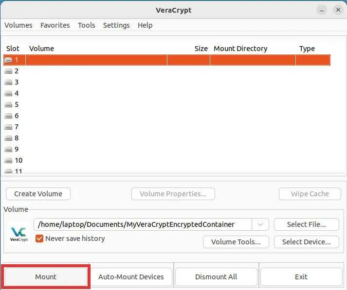 veracrypt mounting volume step 2